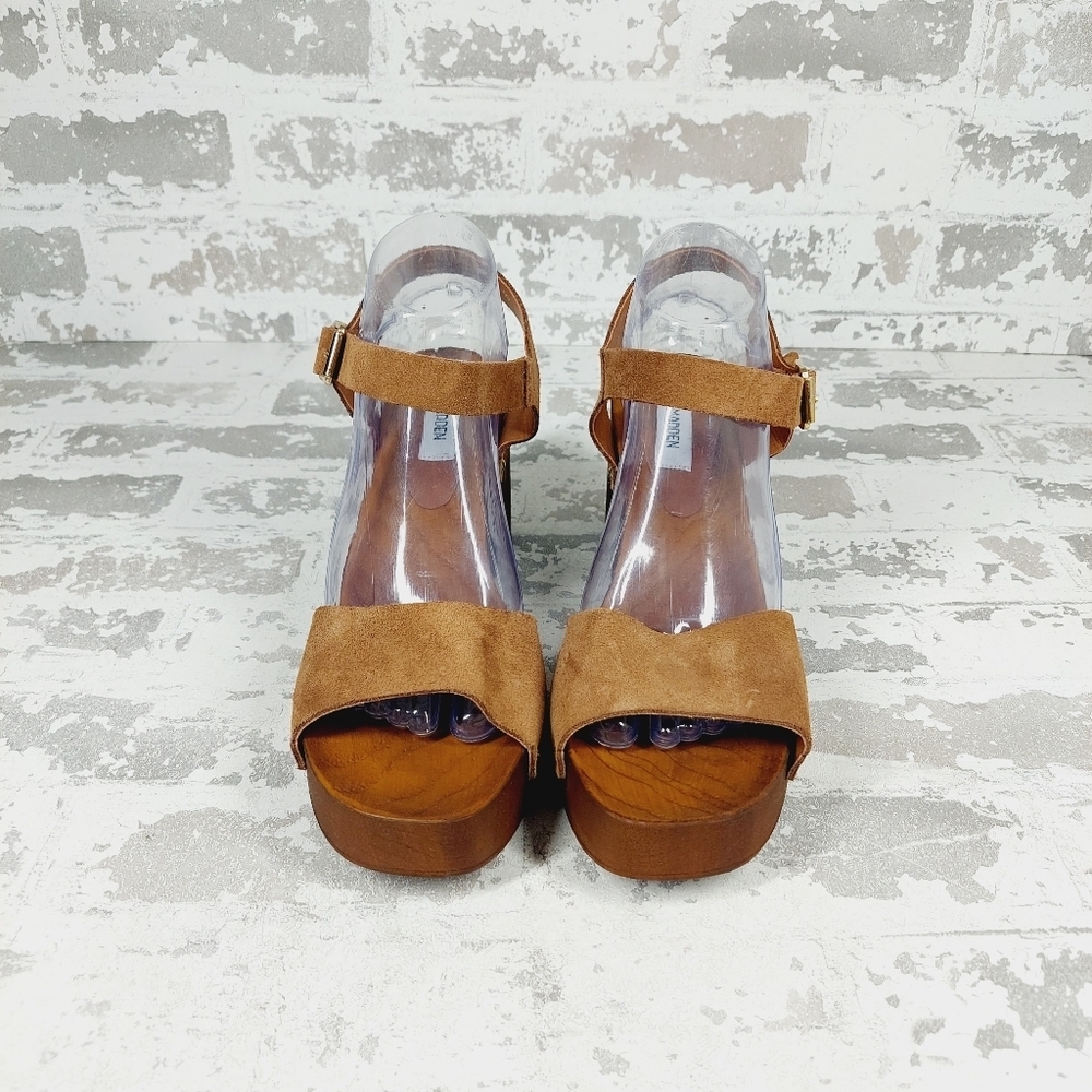 New Steve Madden Alabama Platform Suede Brown Strap Wooden Studded Sandals F659 - Picture 7 of 13